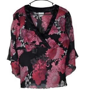 Vintage Fashion Bug Black & Pink Floral Chiffon & Satin Blouse Size Large